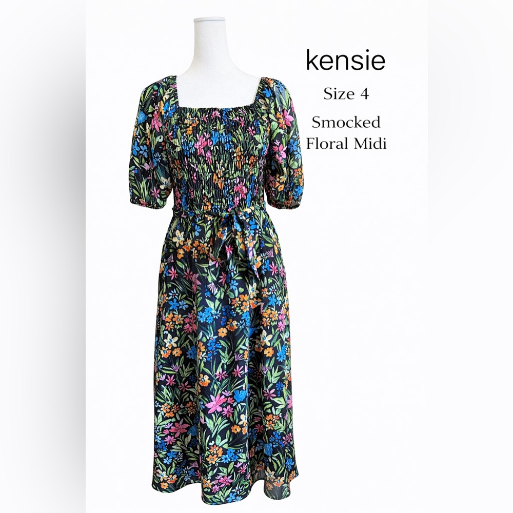 Kensie Smocked Floral Midi Dress Cottagecore Prairie Size 4